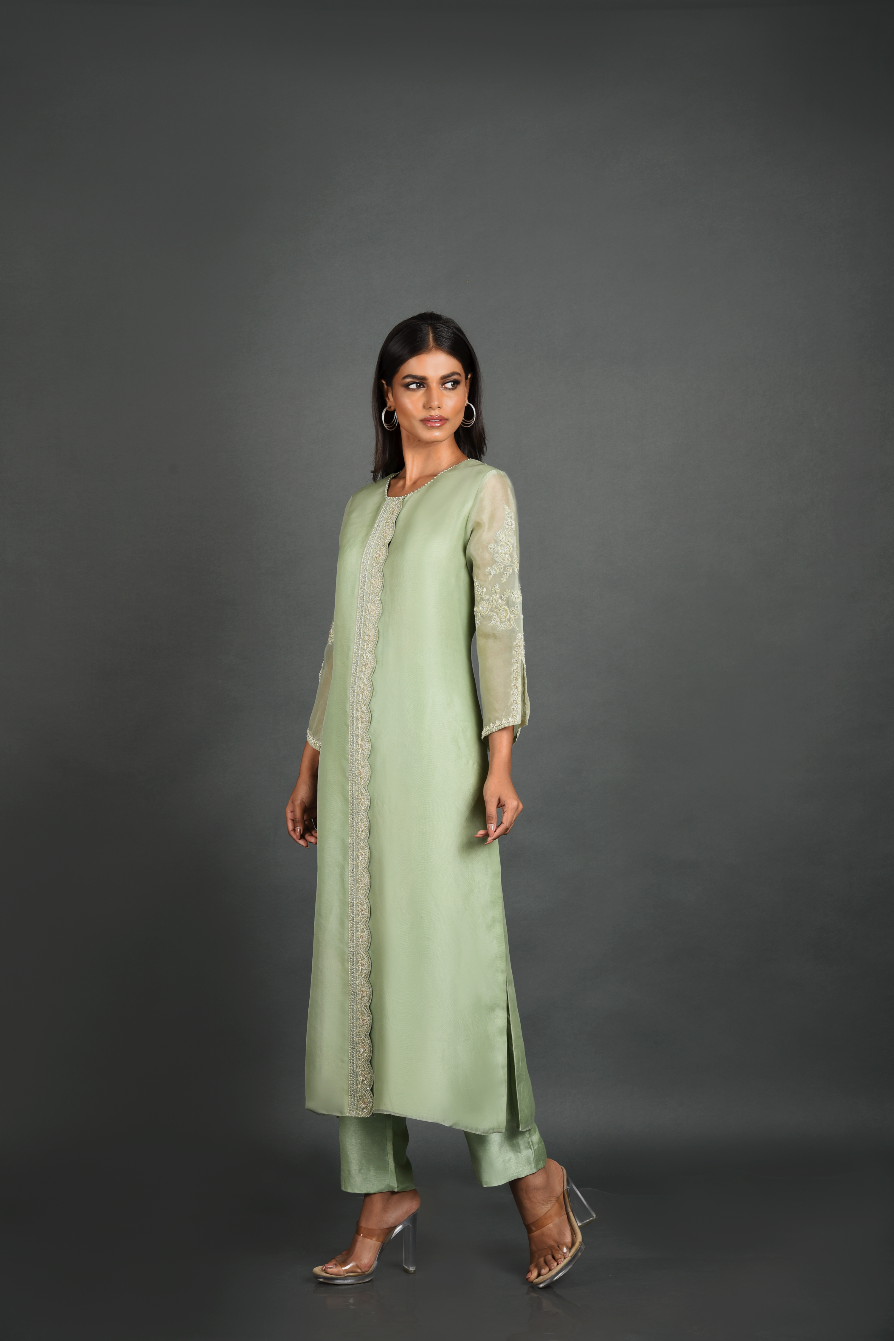 Green Organza Kurta With Pant and Dupatta
