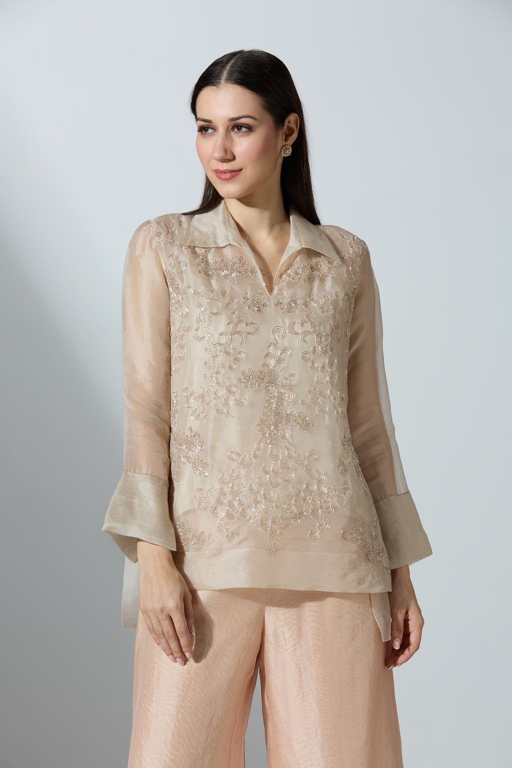 Nude Long Short Organza Shirt With Pant and Slip