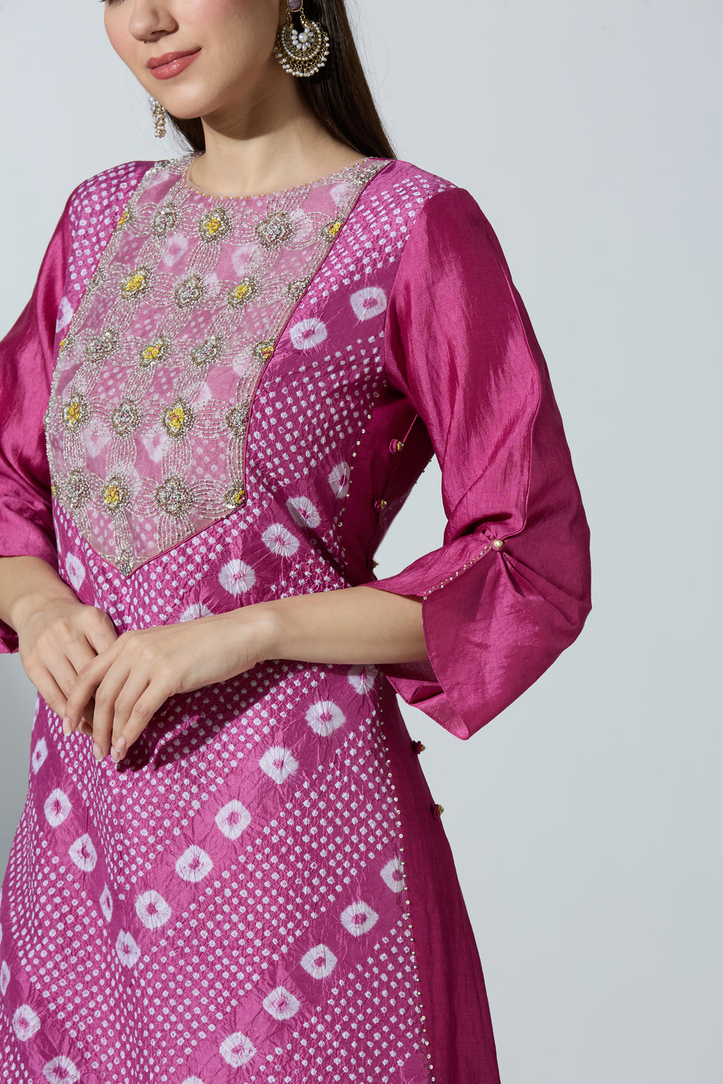 Pink Bandhej Yoke Kurta Set With Pant and Dupatta