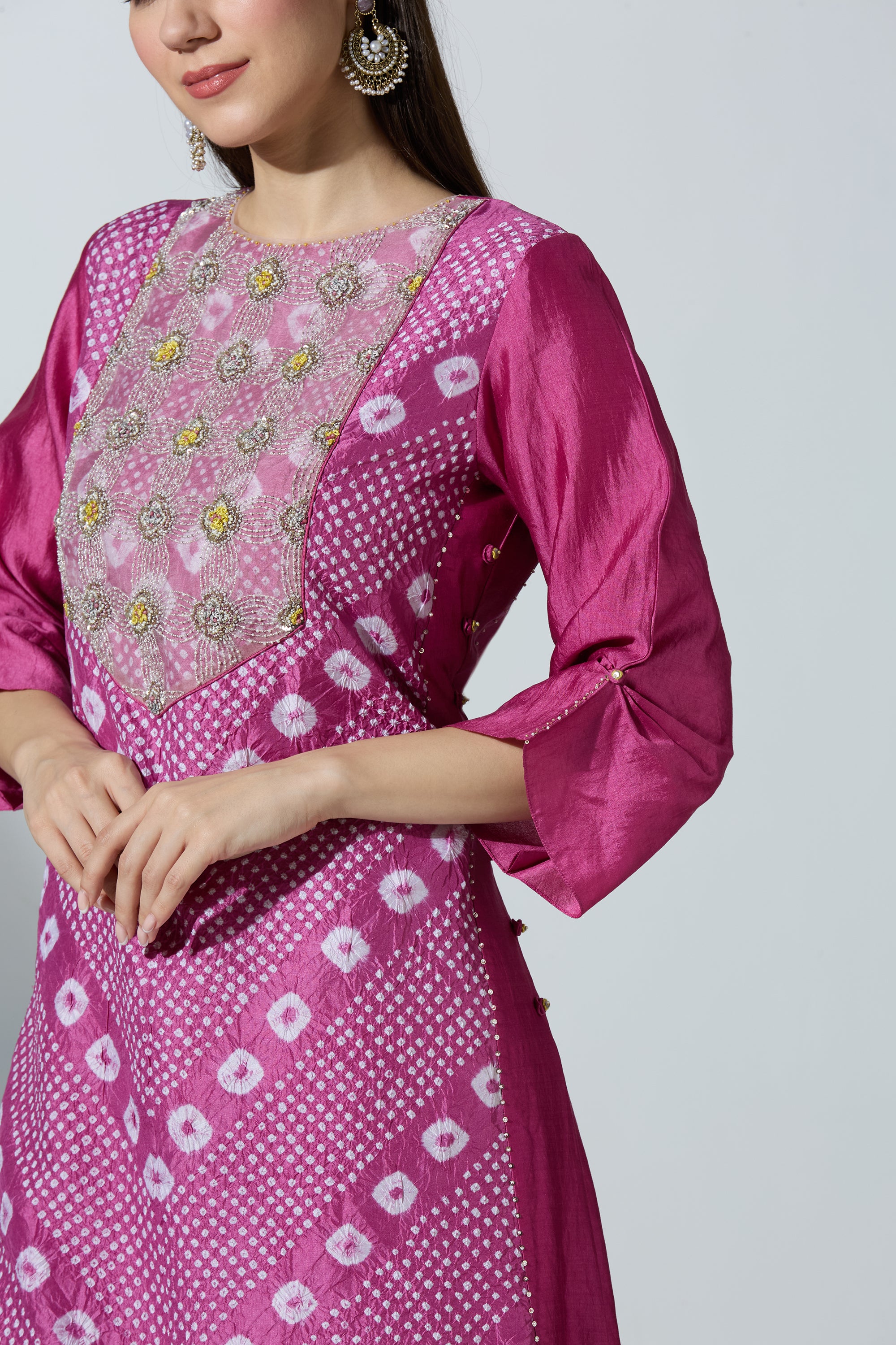 Pink Bandhej Yoke Kurta Set