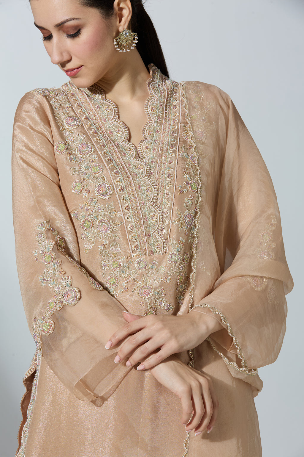 Peach Tissue Kurta Set With Pant