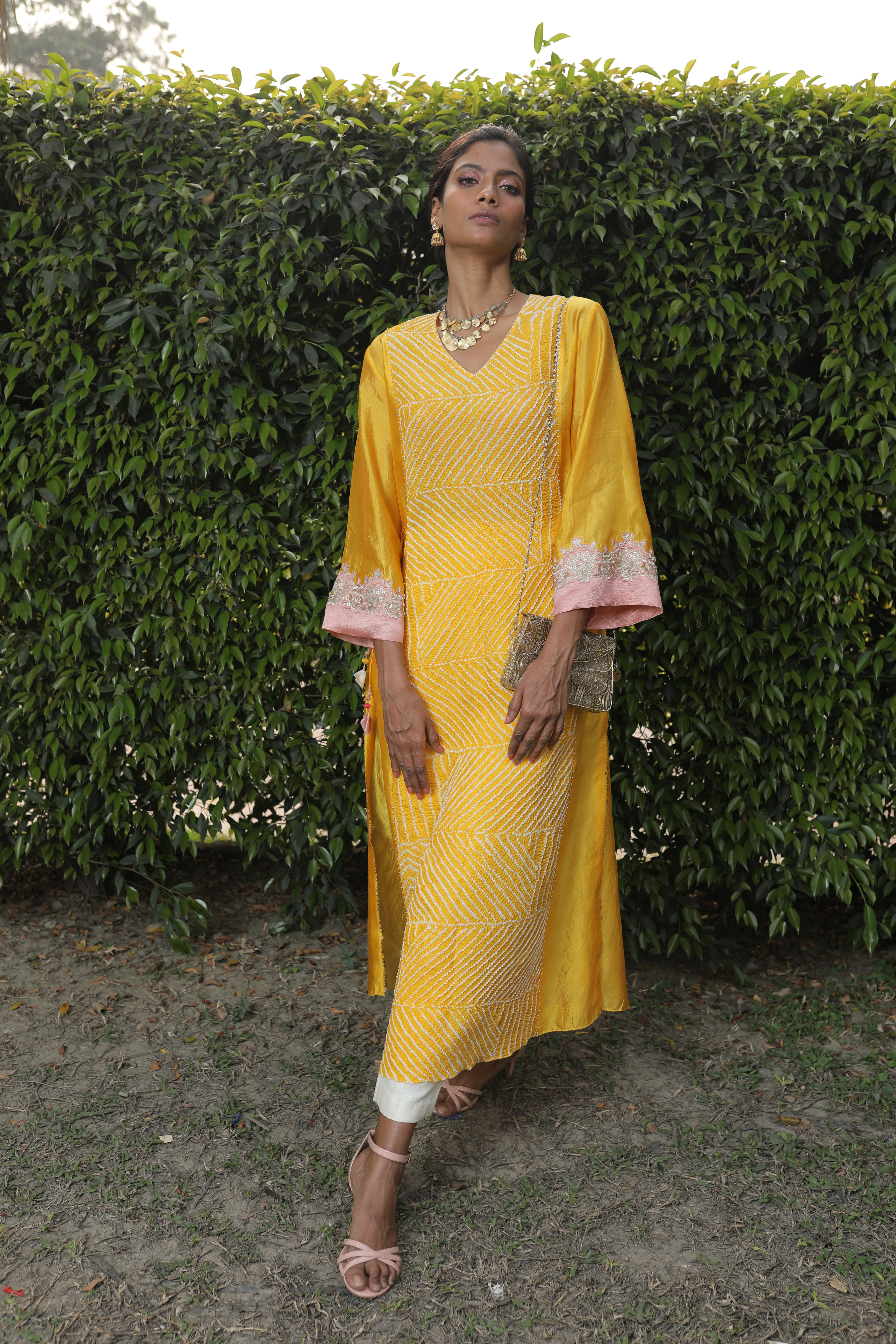 Yellow Bandhej Kurta With Pant