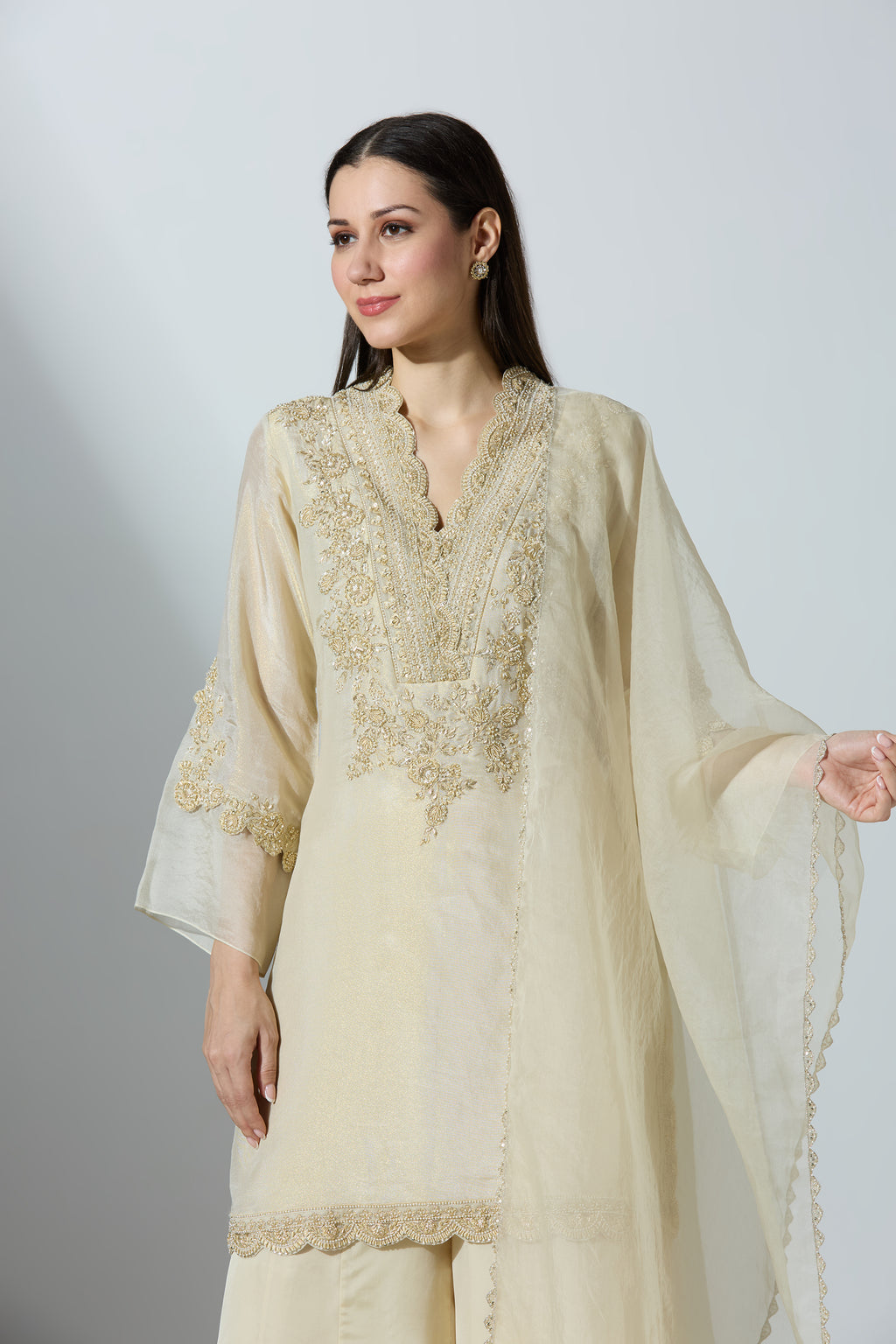 Beige Tissue Kurta Set With Pant and Dupatta