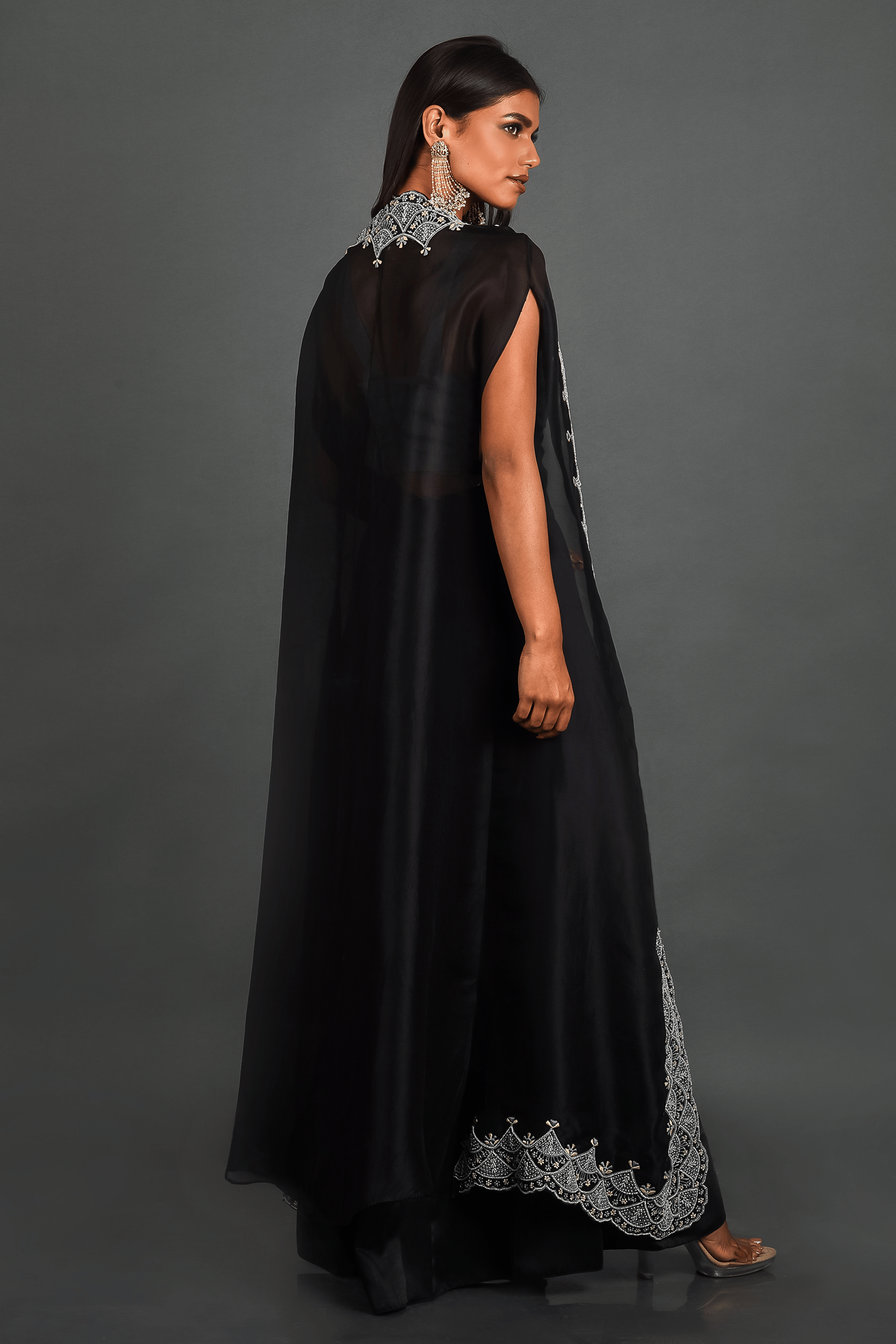 Black Organza Cape With Pant and Bustier