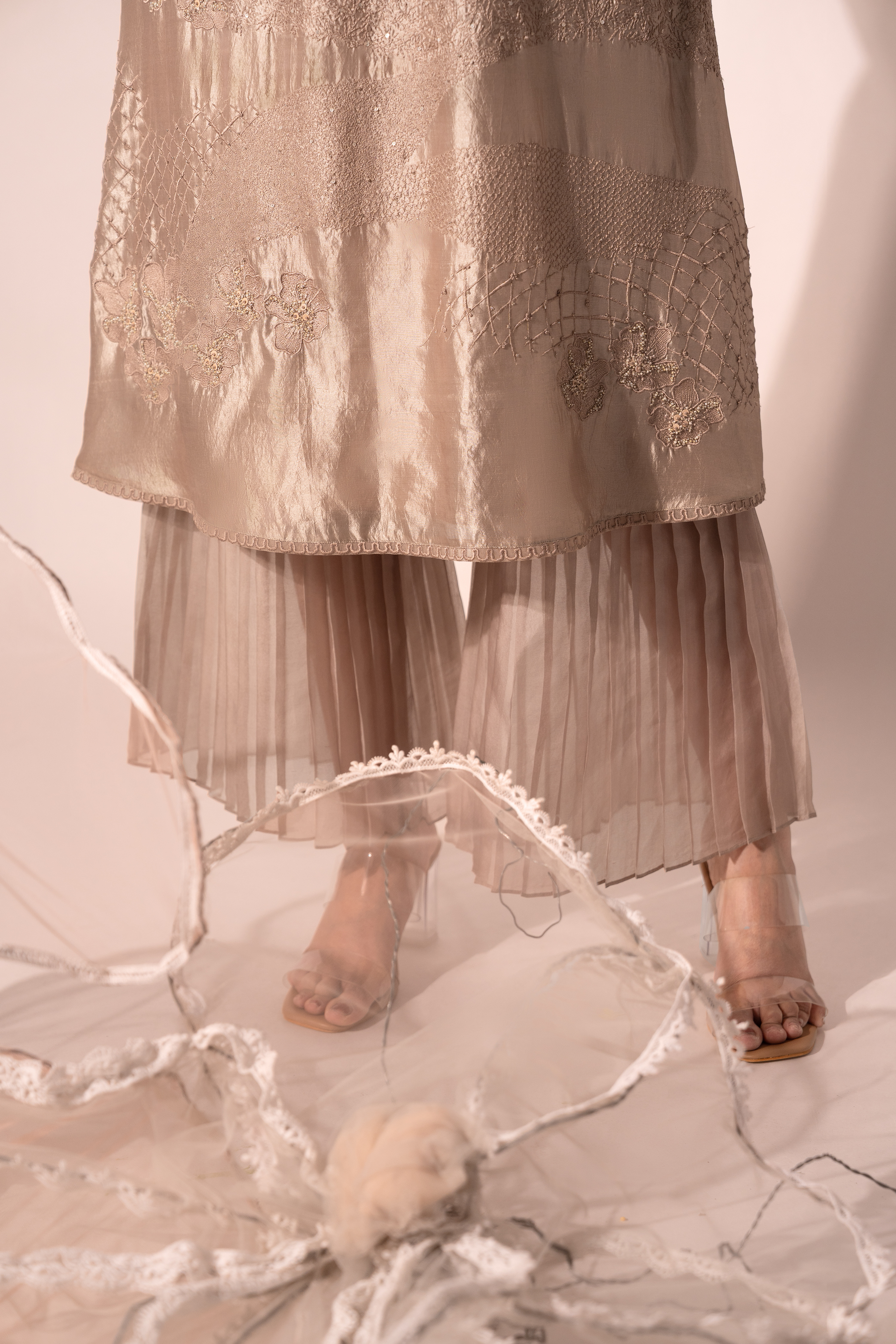 Beige WaveBorne Silk Collar Kurta Set