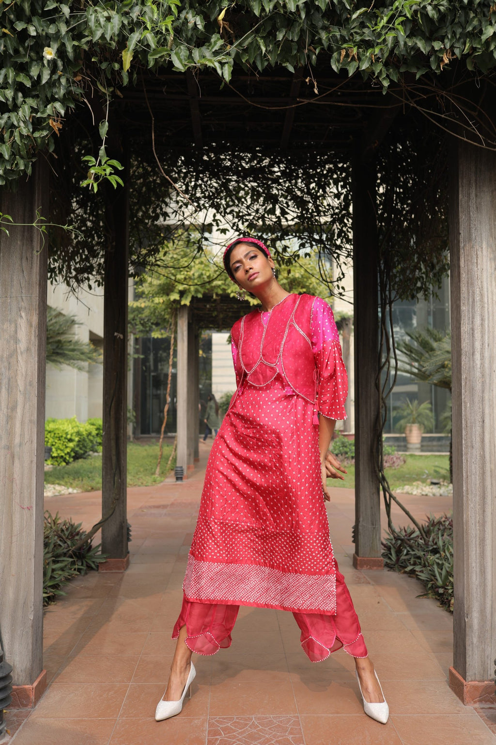 Pink Bandhej Kurta With Pant and Koti