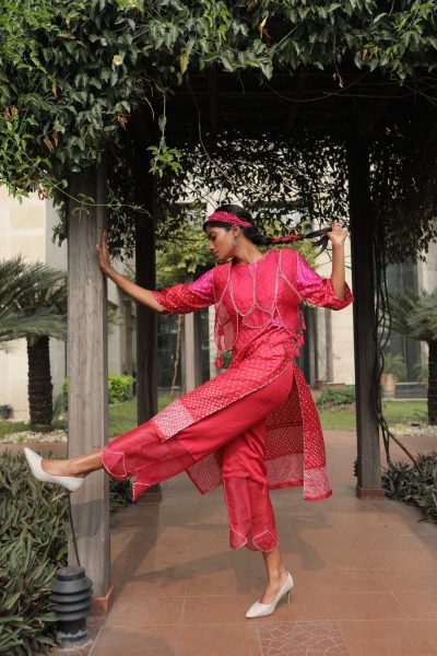 Pink Bandhej Kurta With Pant and Koti