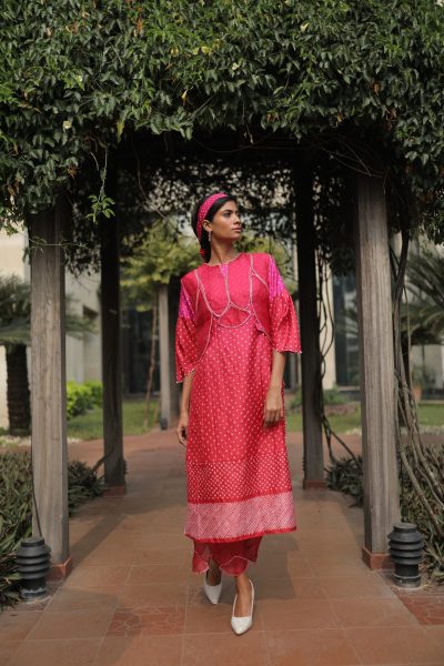 Pink Bandhej Kurta With Pant and Koti