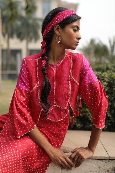 Pink Bandhej Kurta With Pant and Koti