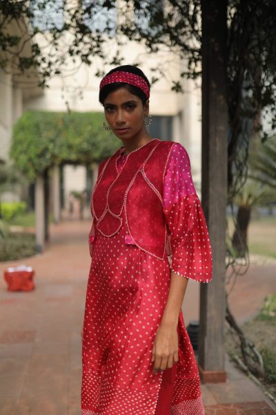 Pink Bandhej Kurta With Pant and Koti