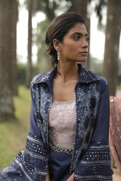 Blue Front Open Bandhej Jacket