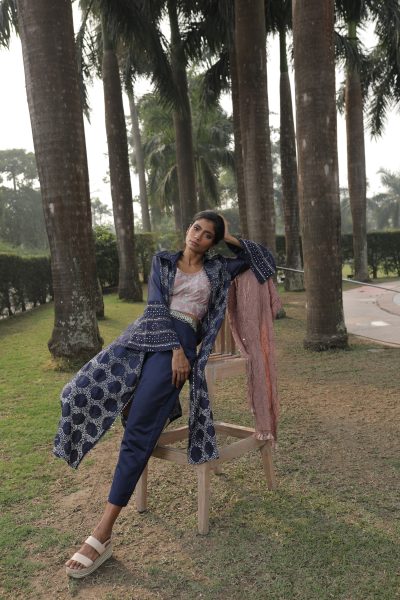 Blue Front Open Bandhej Jacket