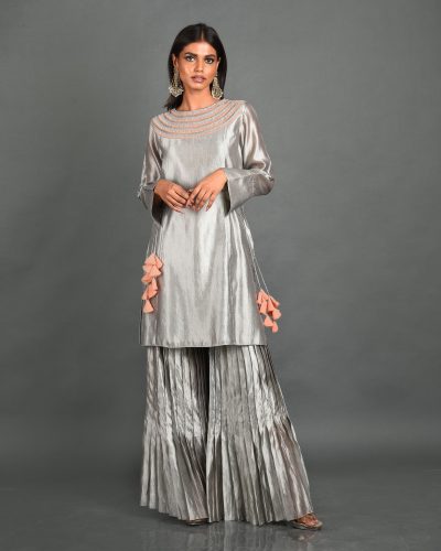 Grey Silk Kurta With Pant and Dupatta