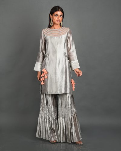 Grey Silk Kurta With Pant and Dupatta
