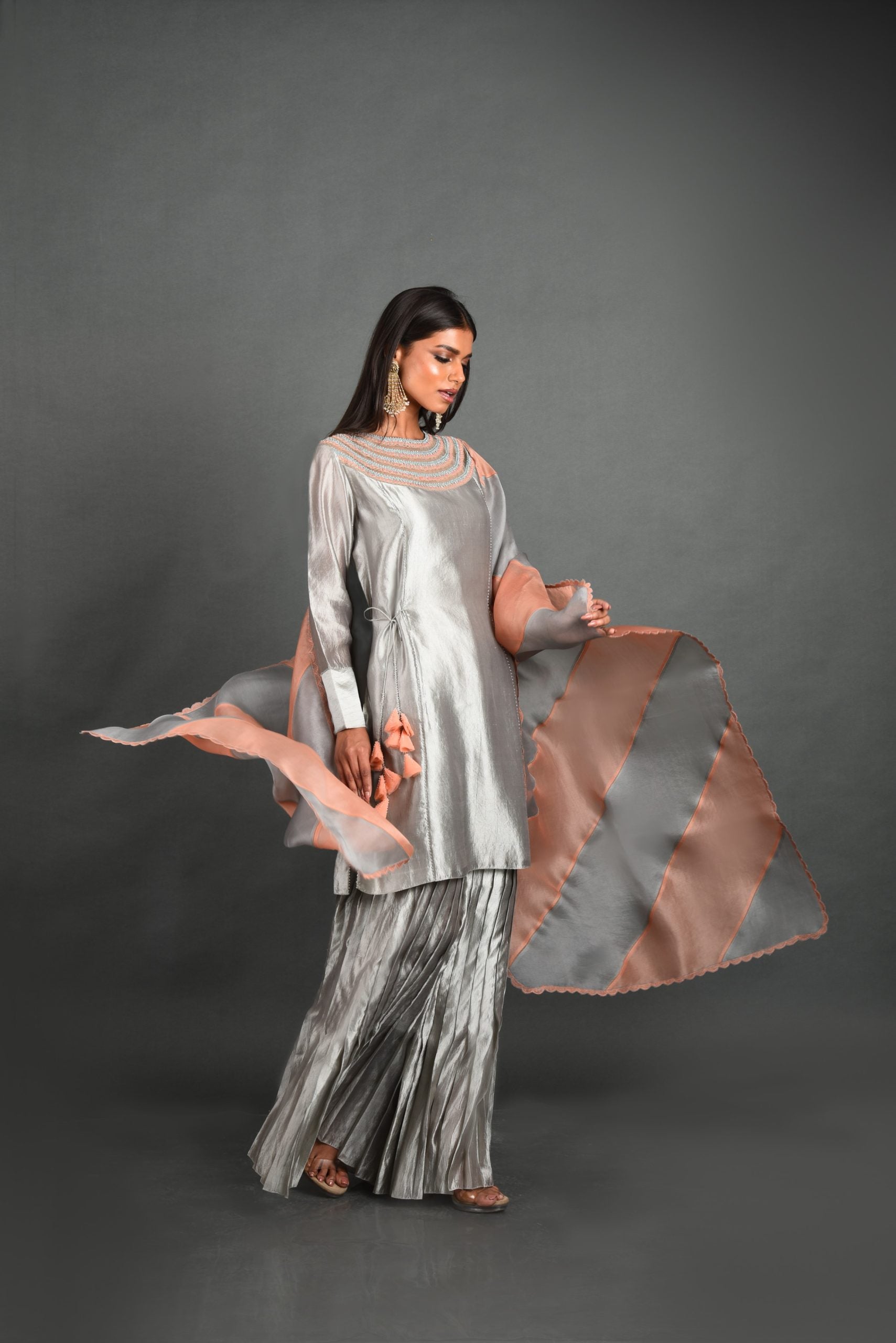 Grey Silk Kurta With Pant and Dupatta