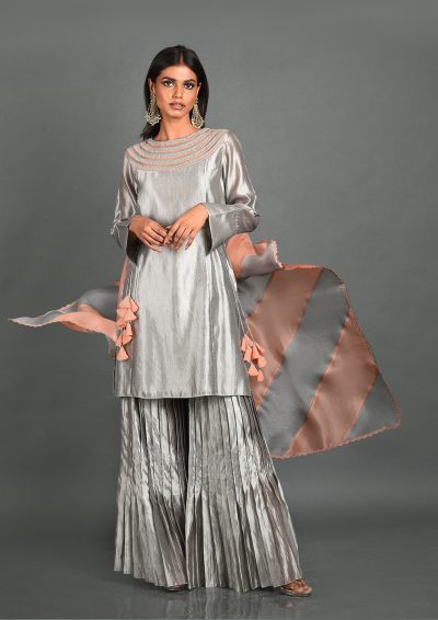 Grey Silk Kurta With Pant and Dupatta