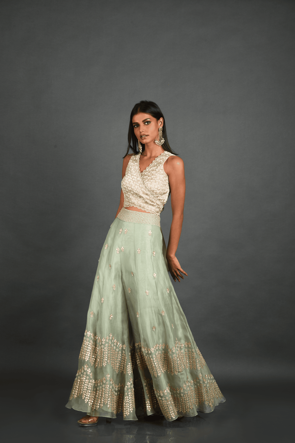 Green Organza Top with Sharara and Cape