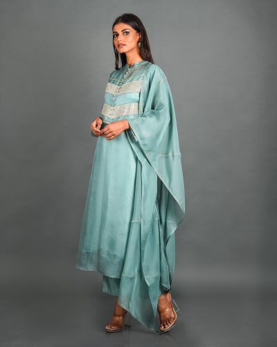 Blue Organza Kurta With Pant and Dupatta