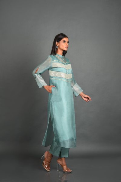 Blue Organza Kurta With Pant and Dupatta