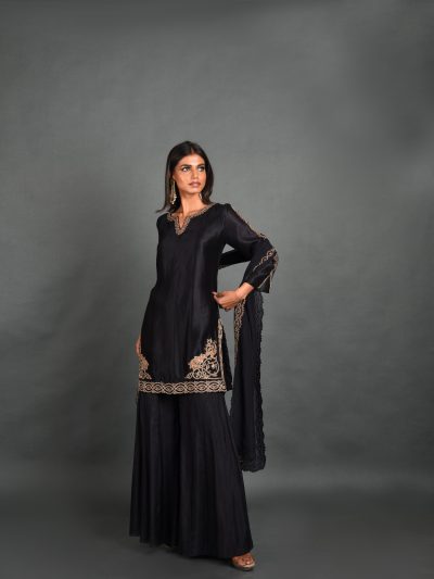 Black Silk Kurta With Pant and Dupatta