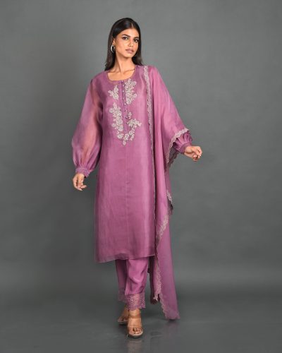 Purple Organza Kurta With Pant and Dupatta