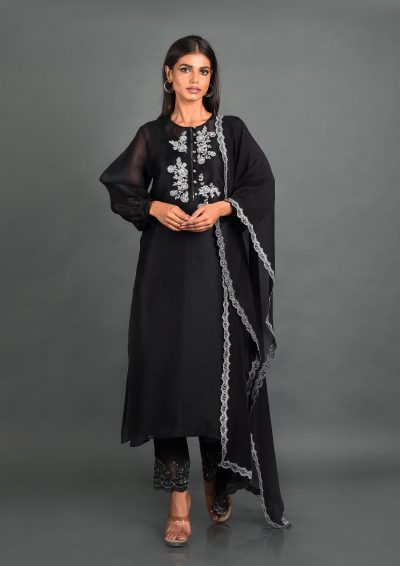 Black Organza Kurta With Pant and Dupatta