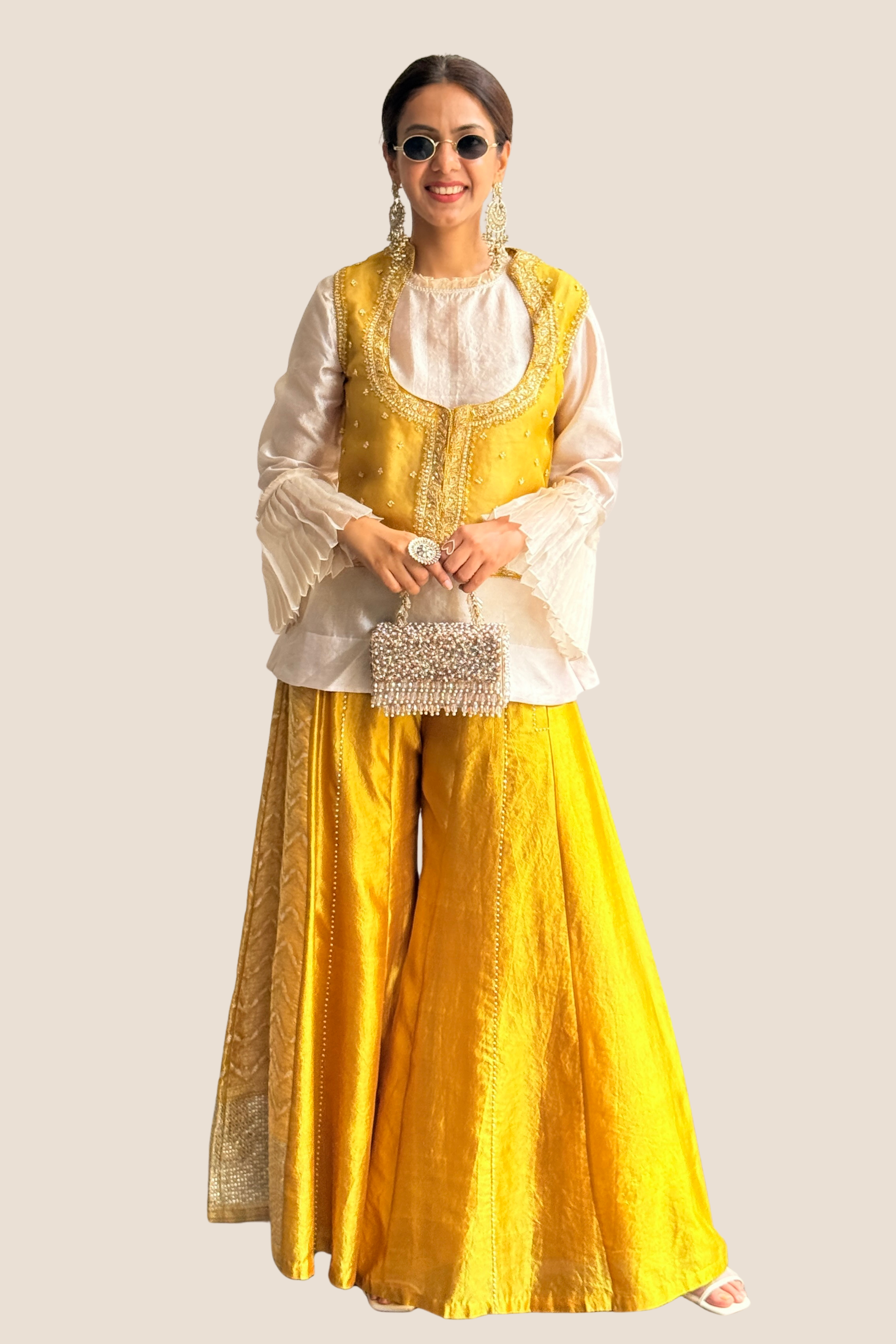 Yellow Brocade Pant with Koti and Shirt