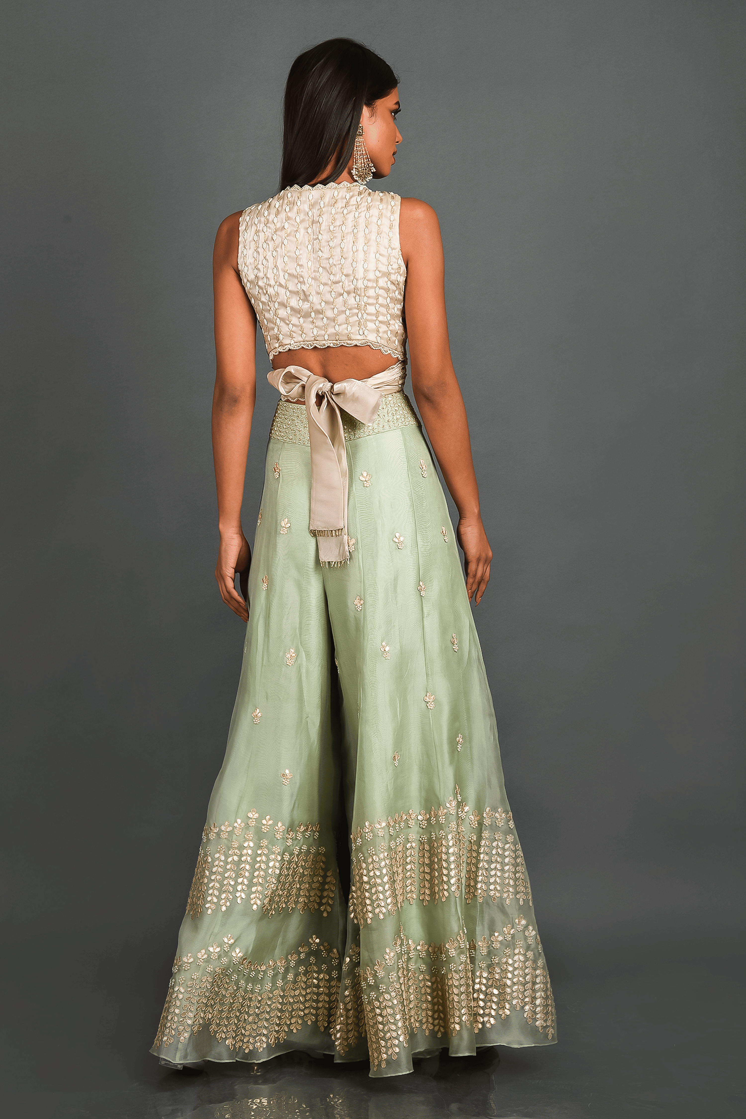 Green Organza Top with Sharara and Cape