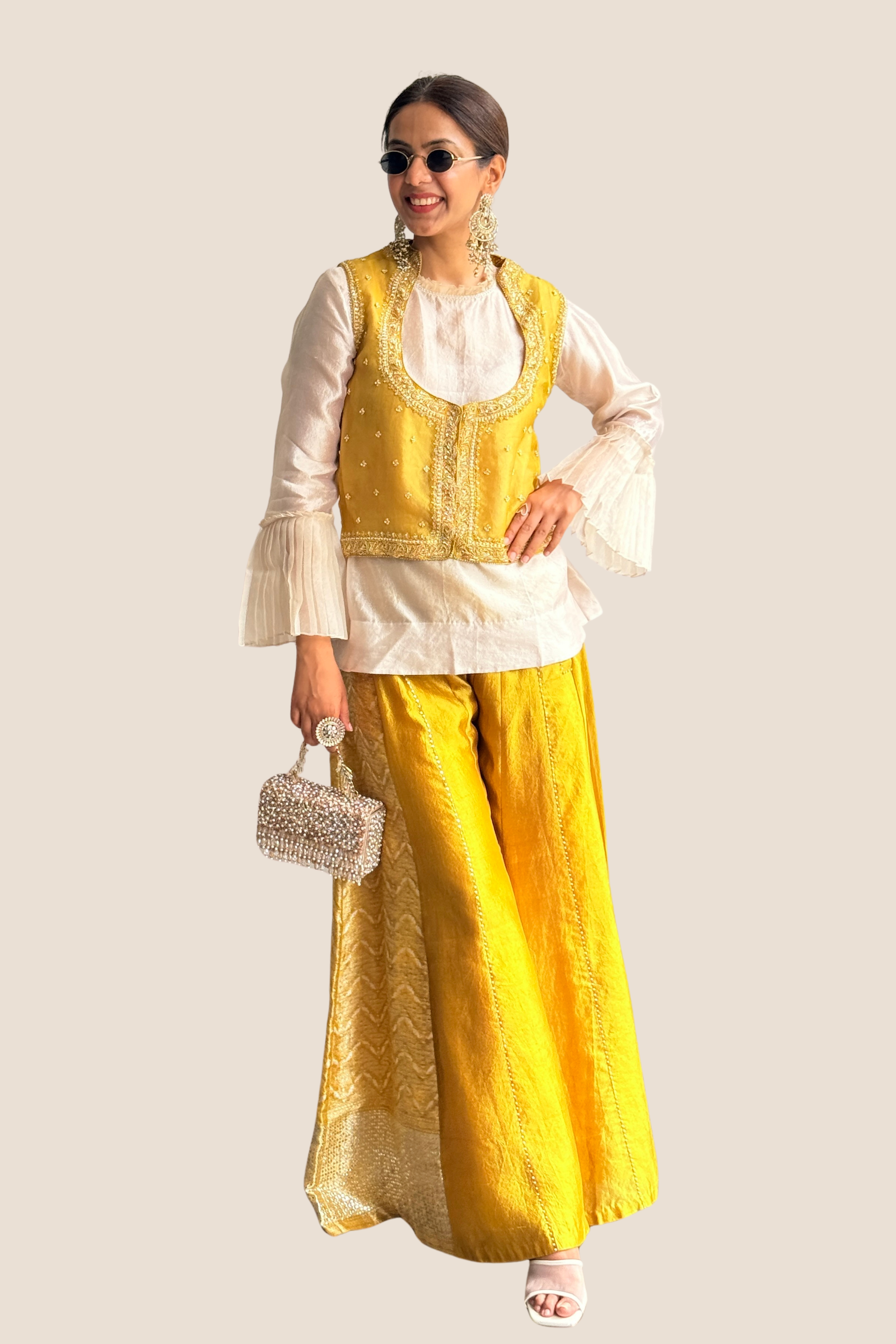 Yellow Brocade Pant with Koti and Shirt