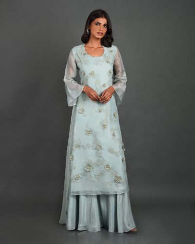 Blue Organza Kurta With Pant and Dupatta