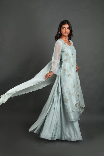 Blue Organza Kurta With Pant and Dupatta