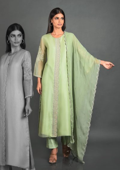 Green Organza Kurta With Pant and Dupatta