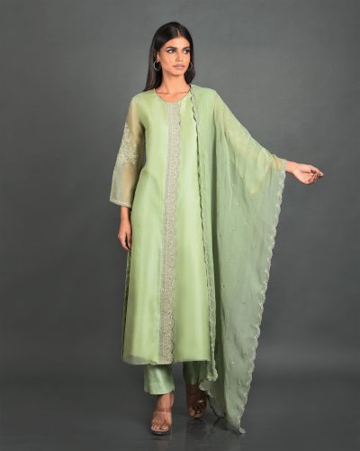 Green Organza Kurta With Pant and Dupatta