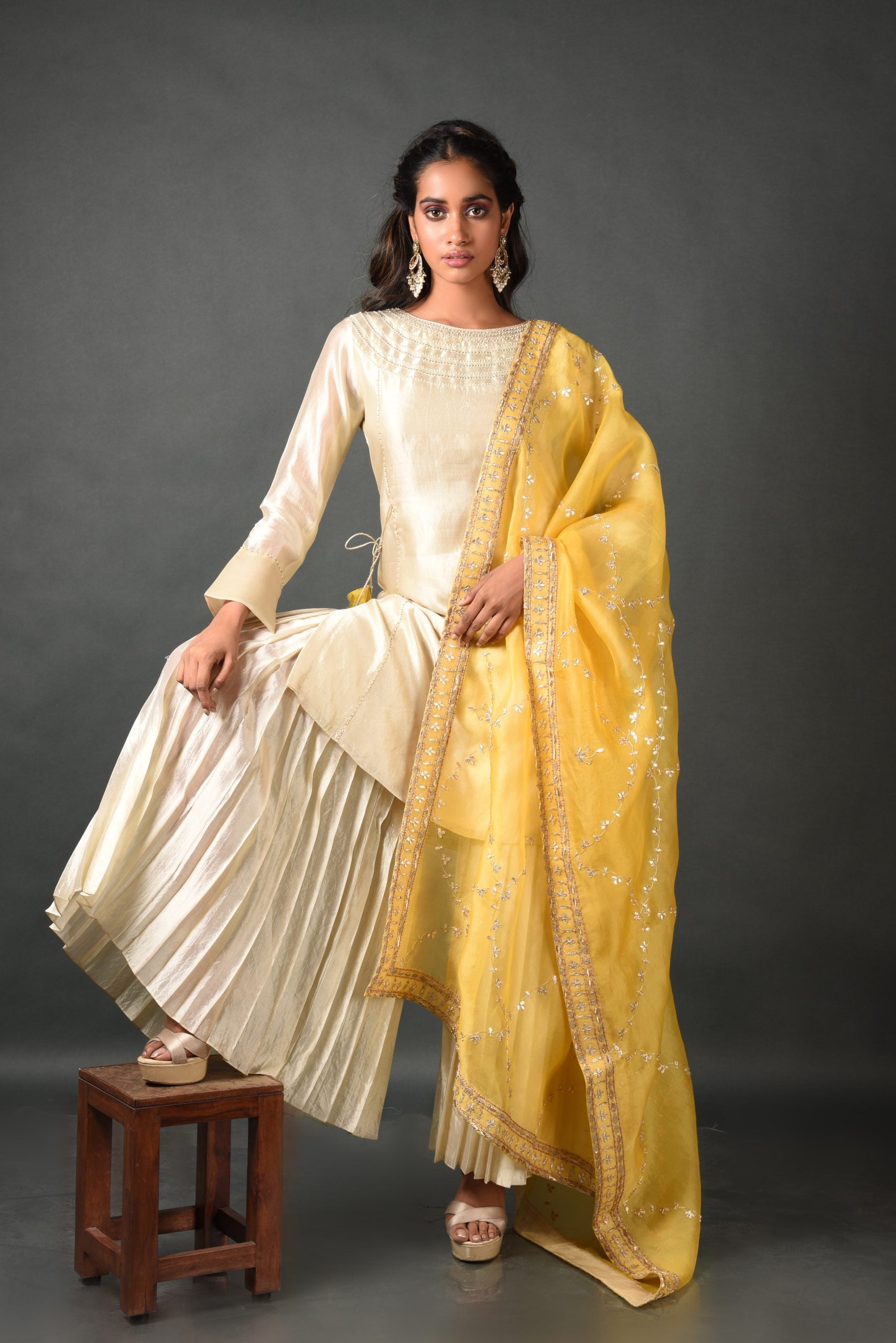 Beige Silk Kurta With Pant and Dupatta