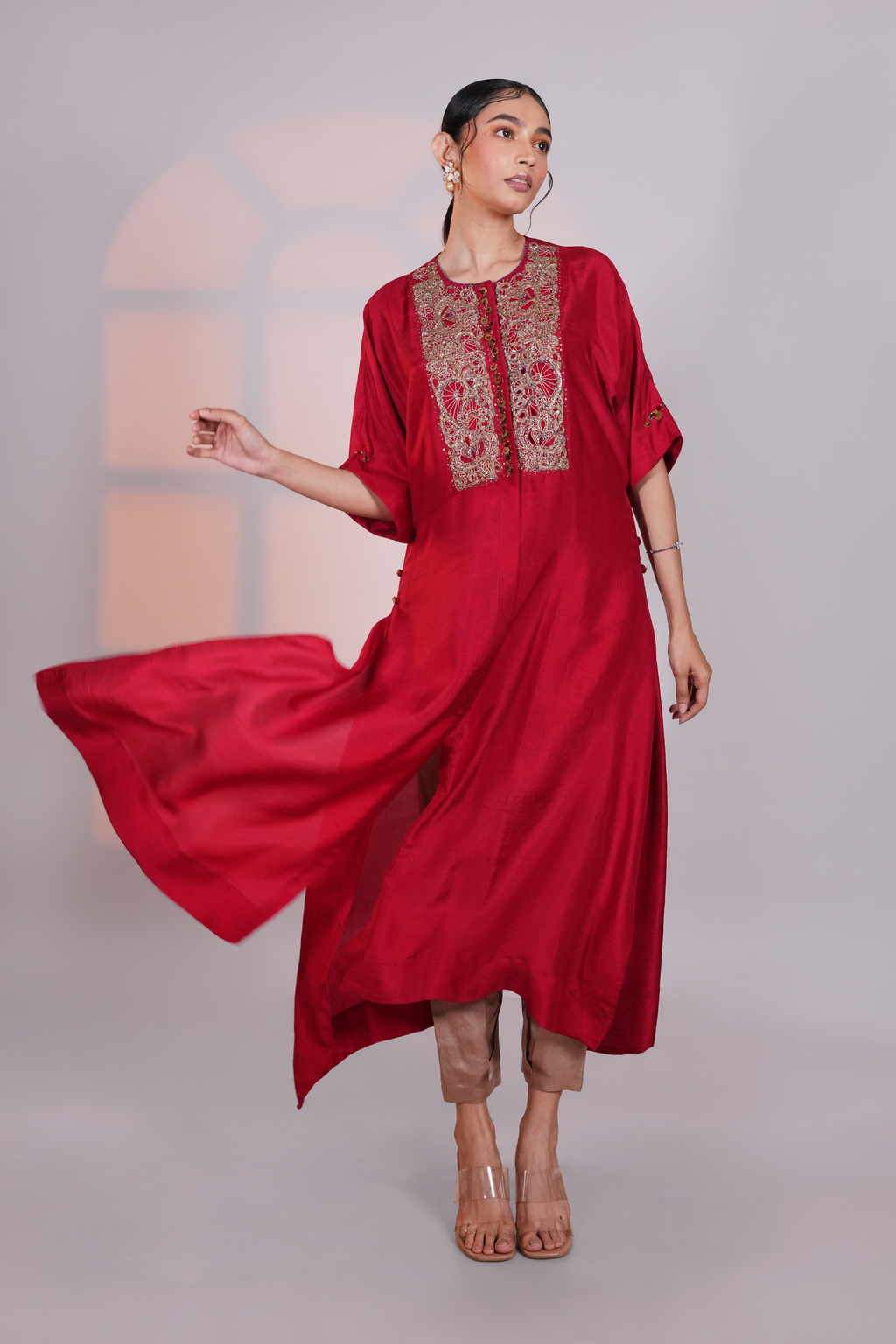 Red Reglan Silk Kurta