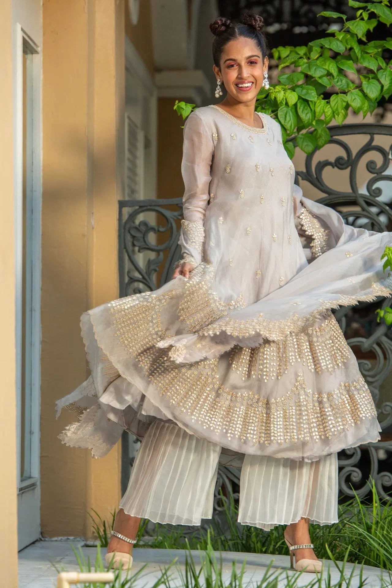 Grey Organza Kurta With Pant and Dupatta