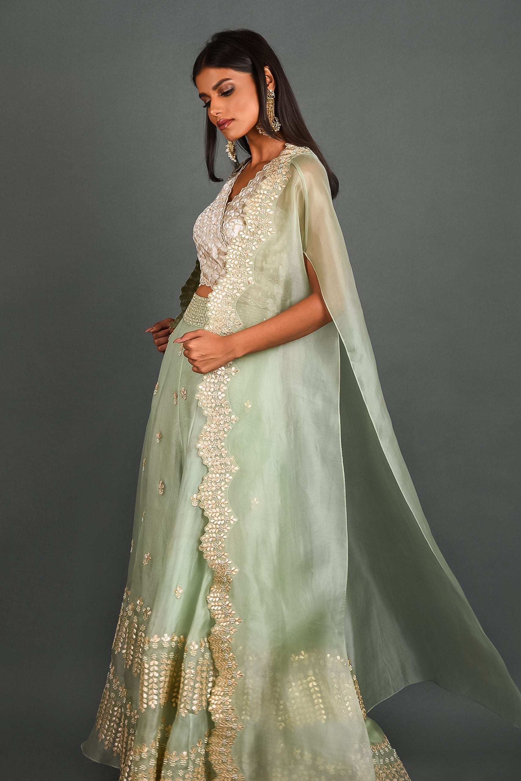 Green Organza Cape With Blouse and Pant