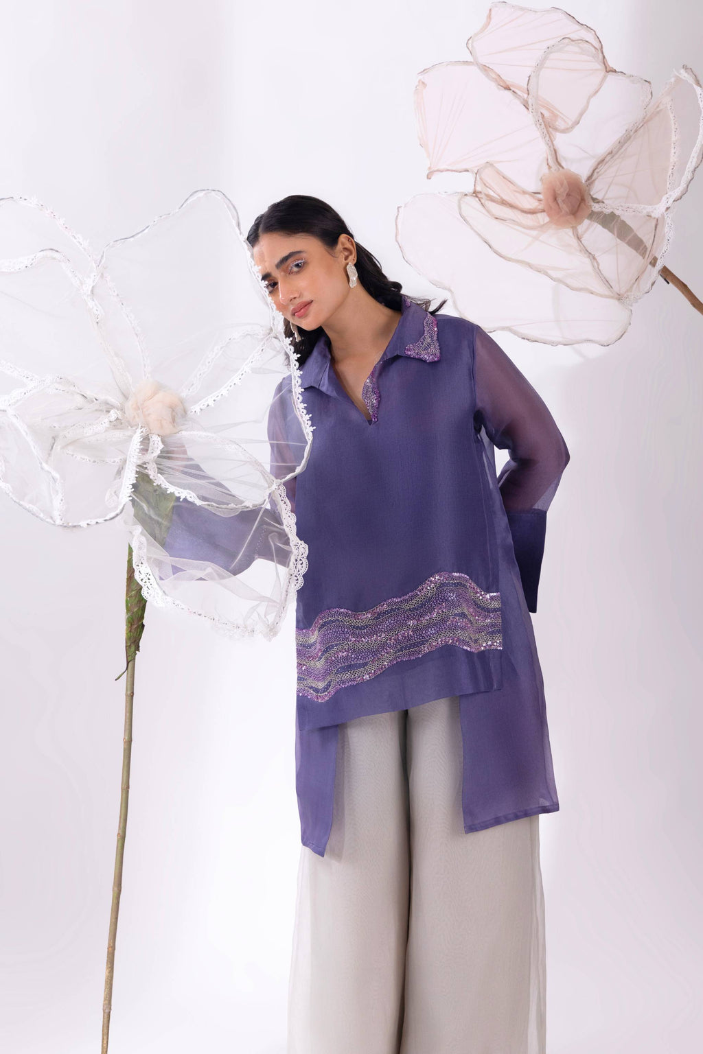 Purple Overlap Long Short Shirt With Slip and Pant