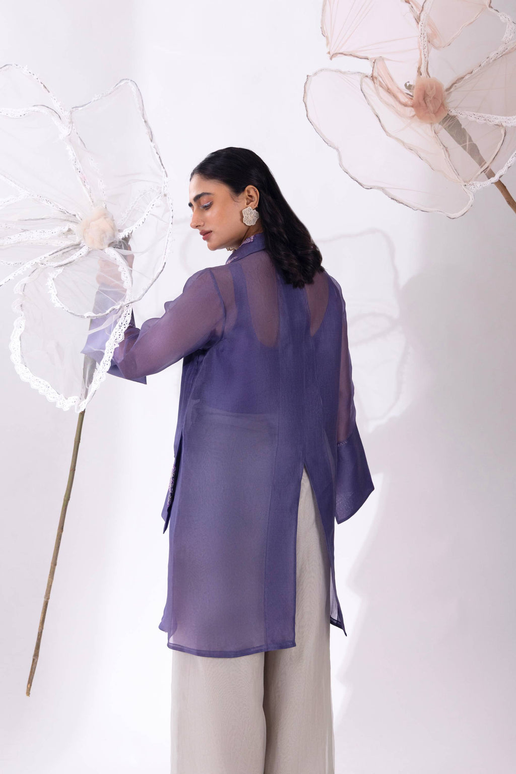 Purple Overlap Long Short Shirt With Slip and Pant