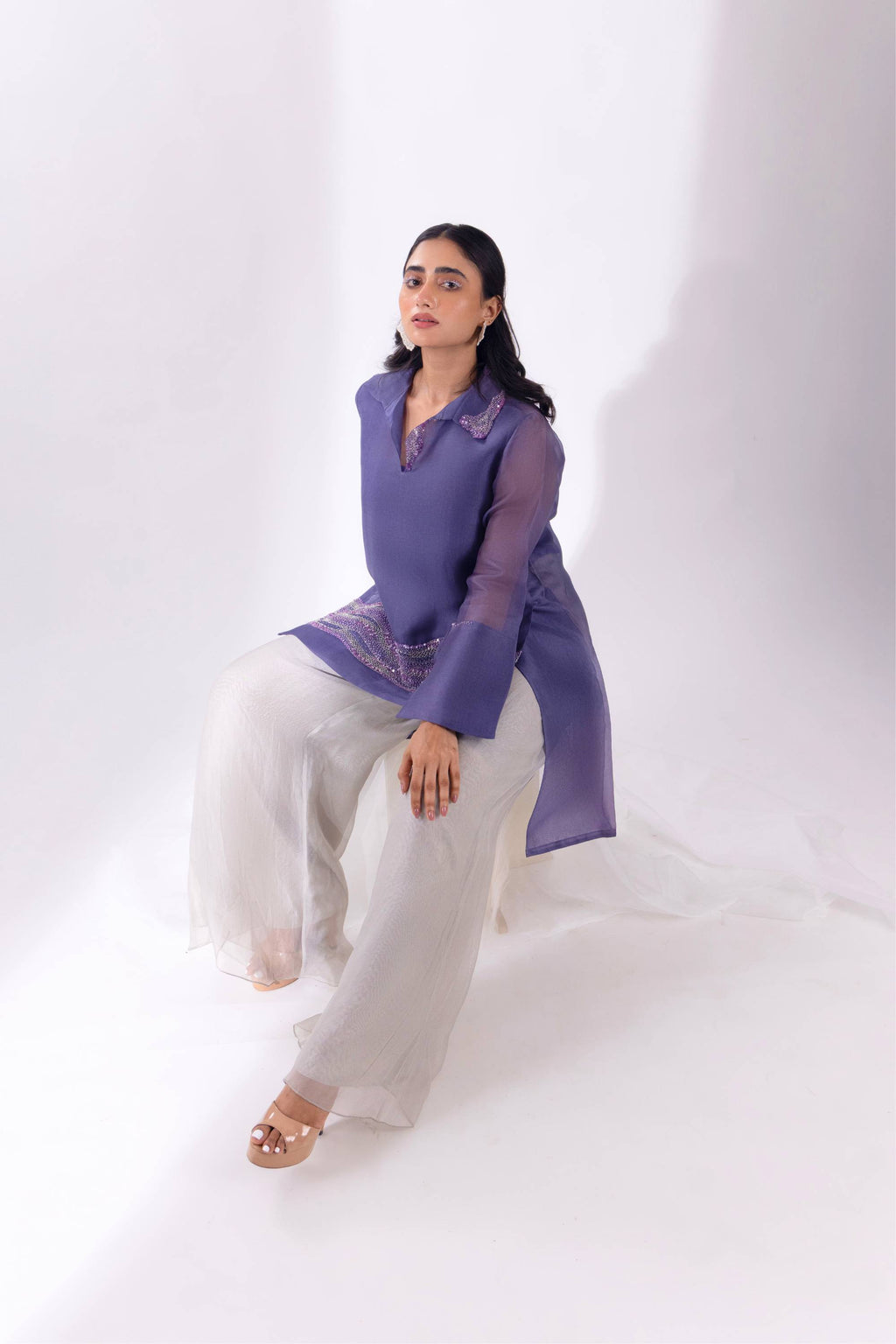 Purple Overlap Long Short Shirt With Slip and Pant