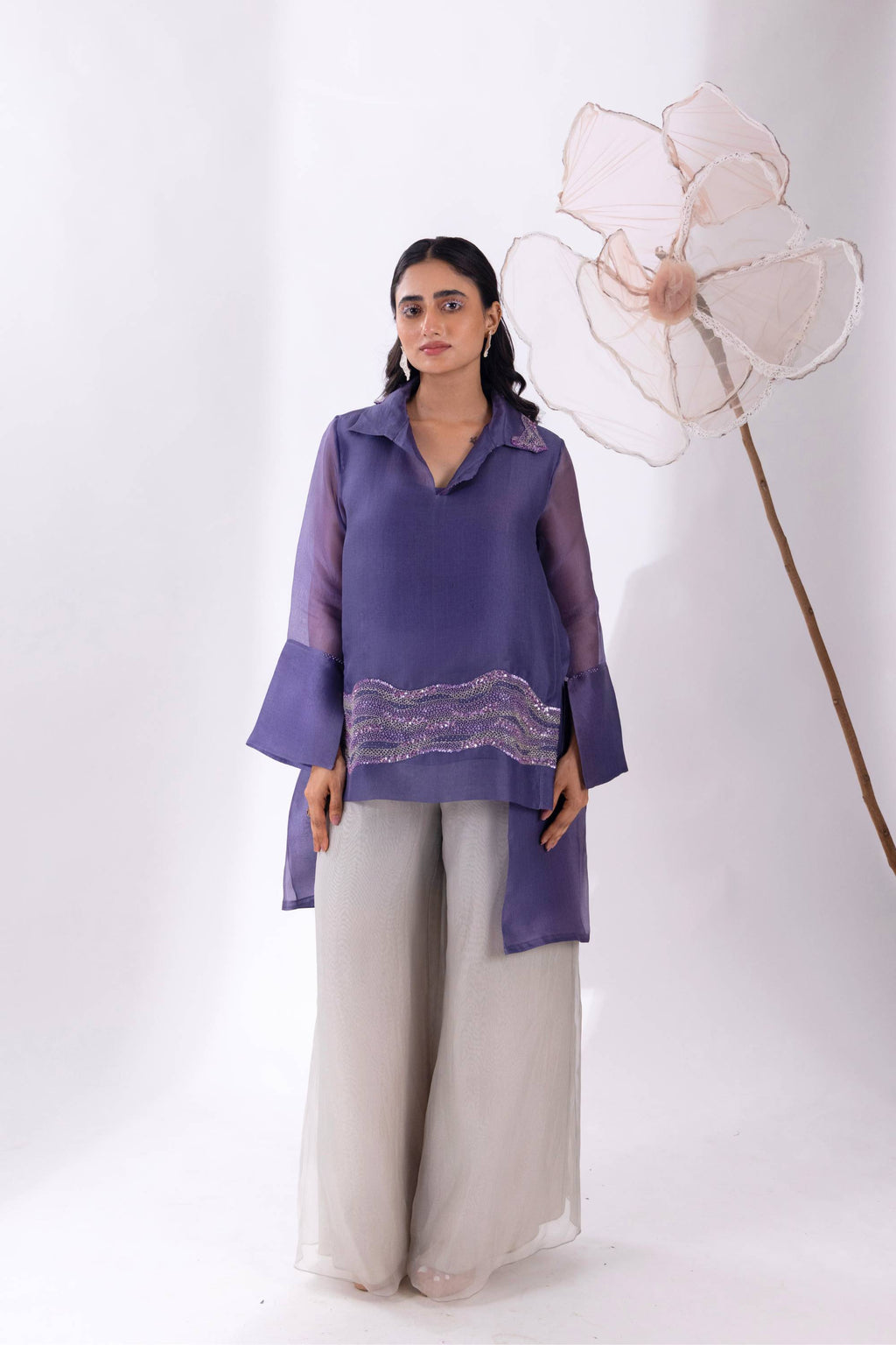 Purple Overlap Long Short Shirt With Slip and Pant