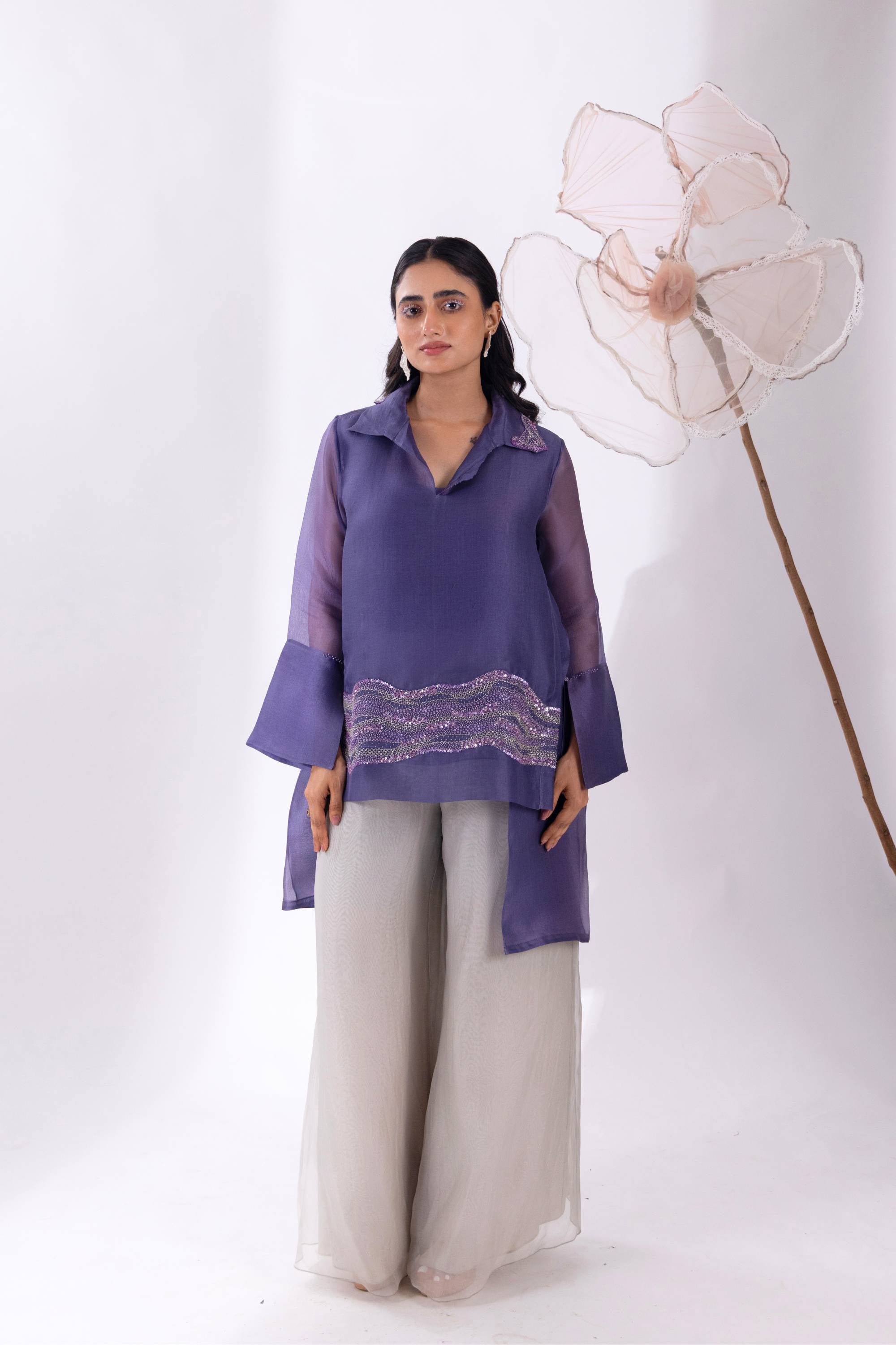 Purple Overlap Long Short Shirt With Slip and Pant