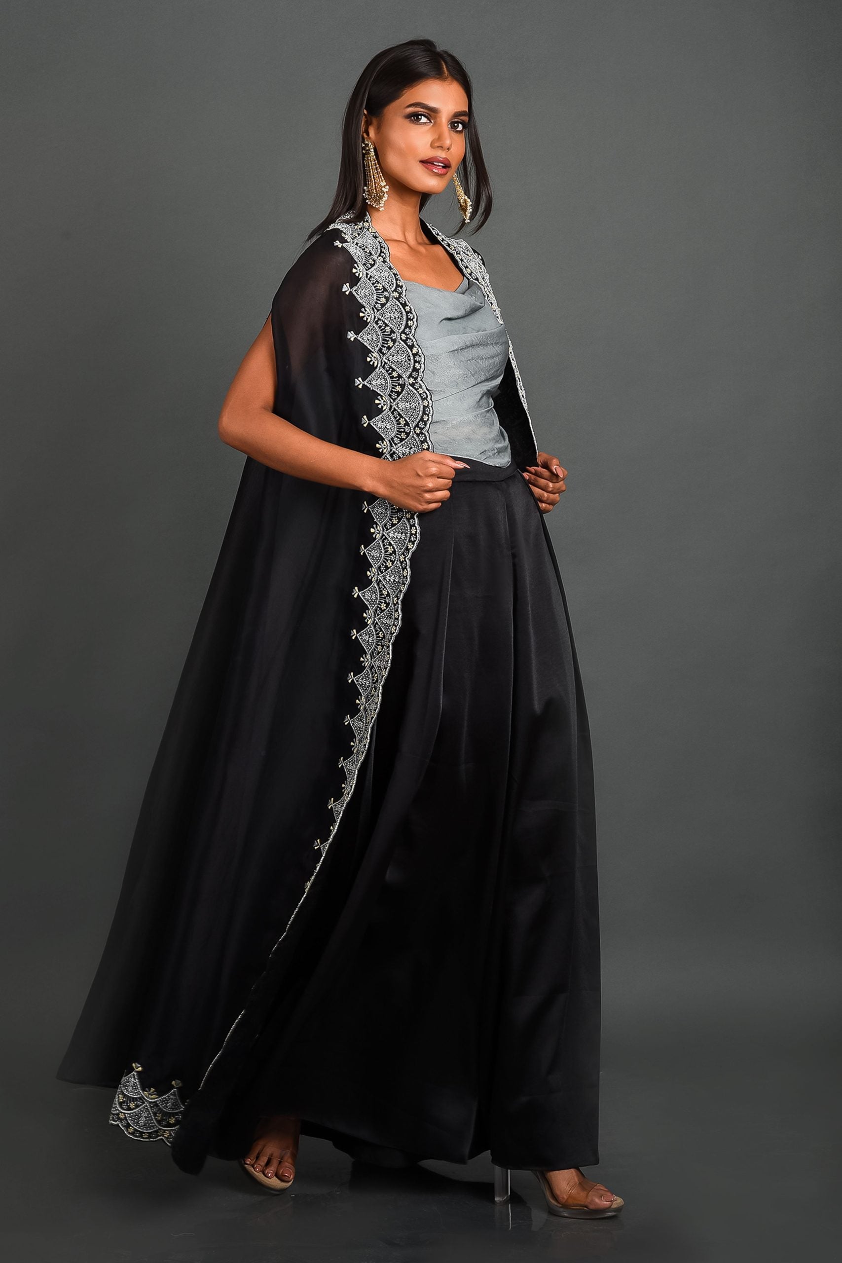 Black Organza Cape With Pant and Bustier