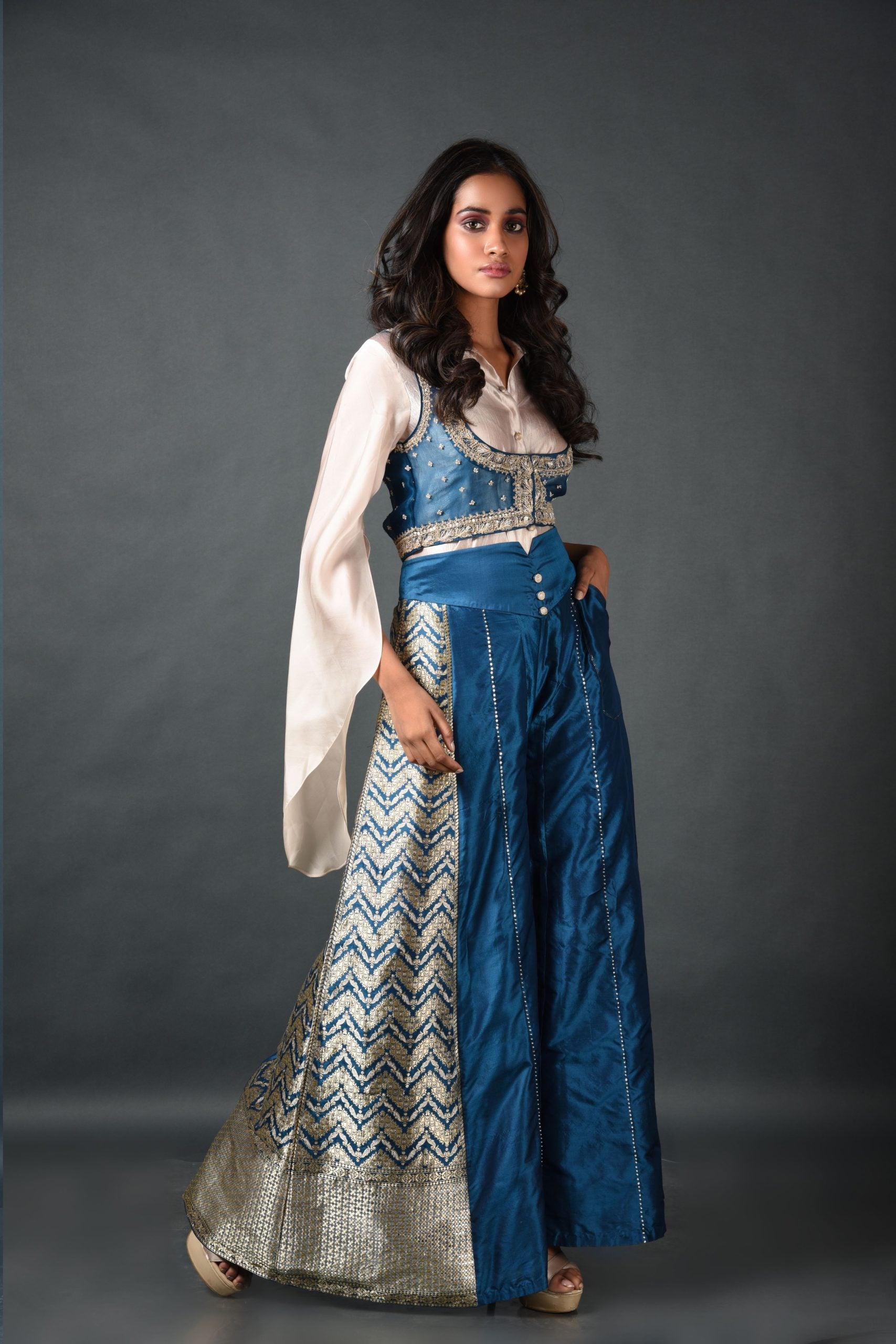 Blue Brocade Pant With Koti and Shirt
