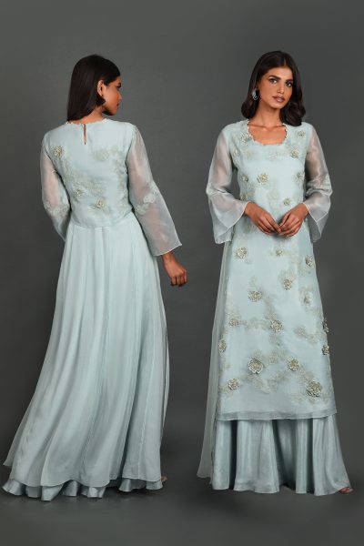 Blue Organza Kurta With Pant and Dupatta