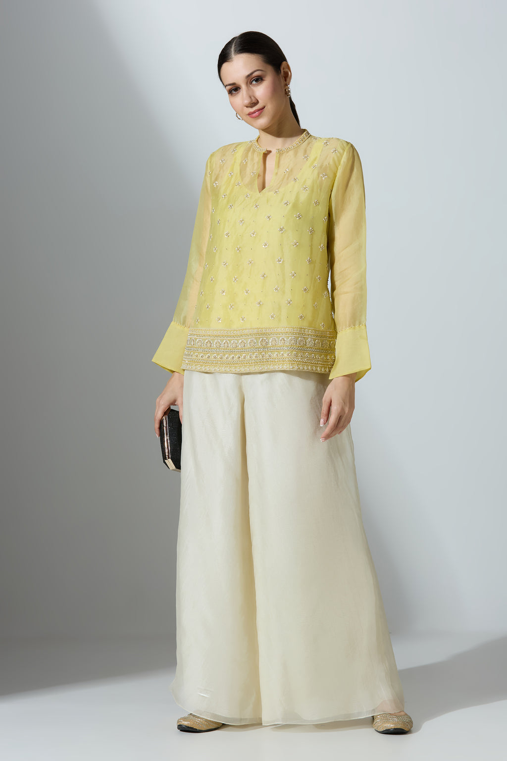 Yellow Organza Shirt With Pant
