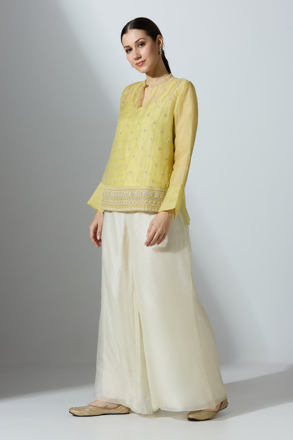 Yellow Organza Shirt With Pant