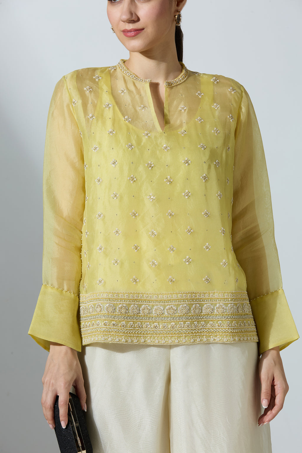 Yellow Organza Shirt With Pant