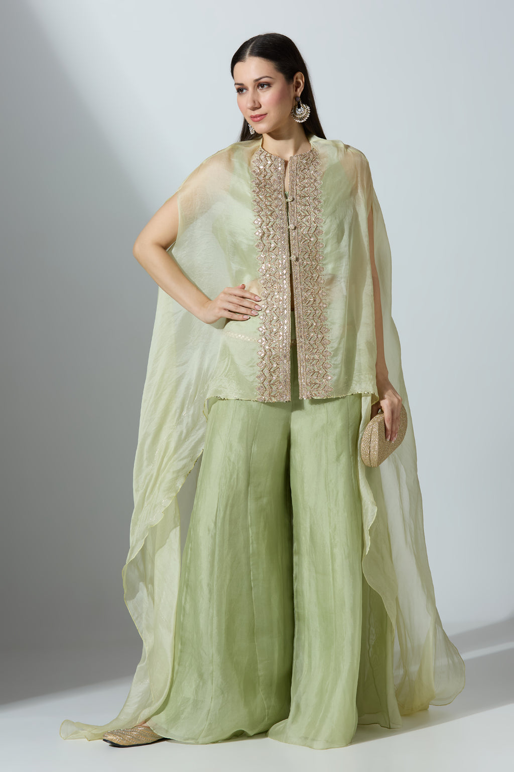 Green Organza Cape With Pant and Slip