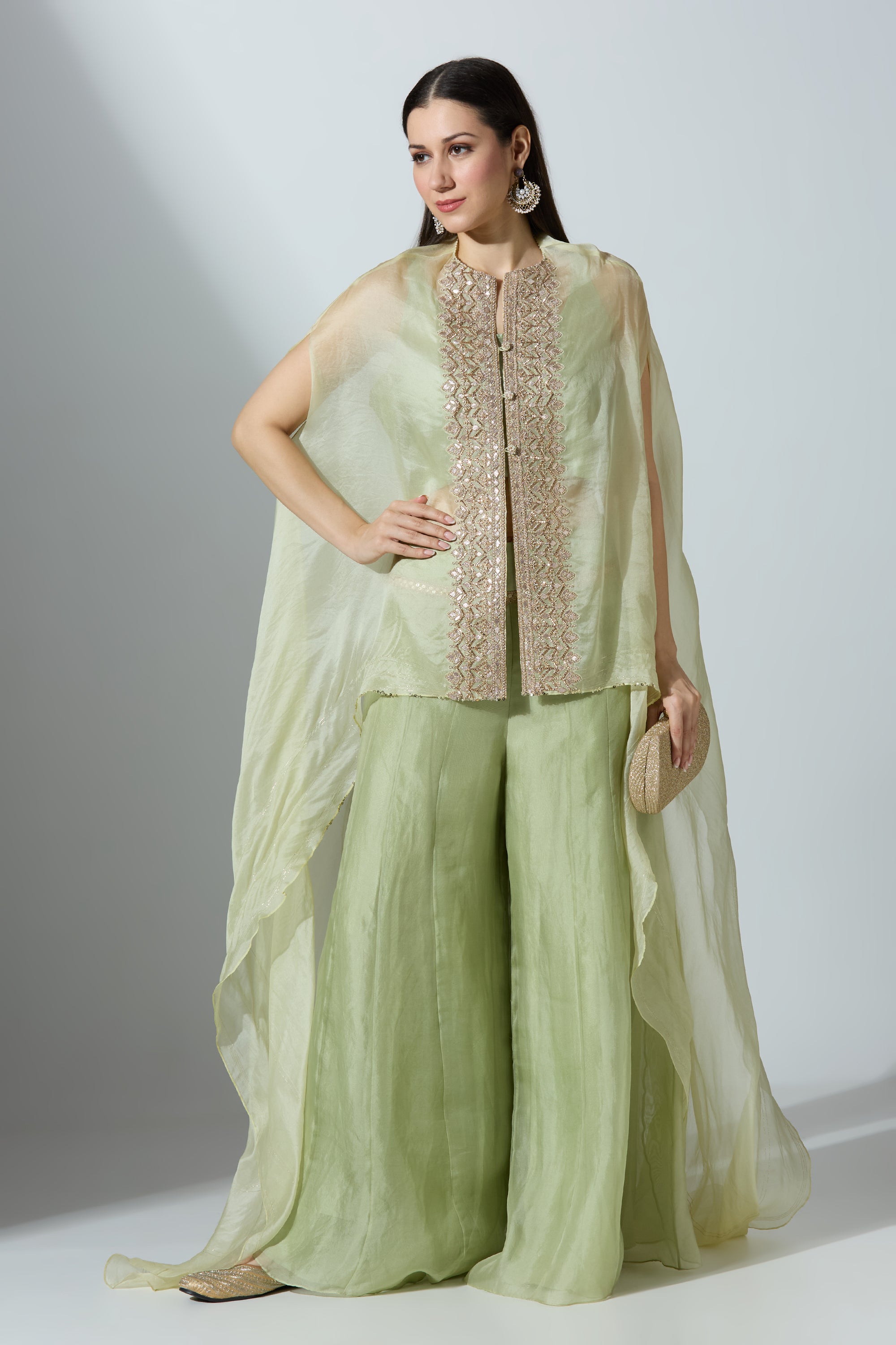 Green Organza Cape With Pant and Slip
